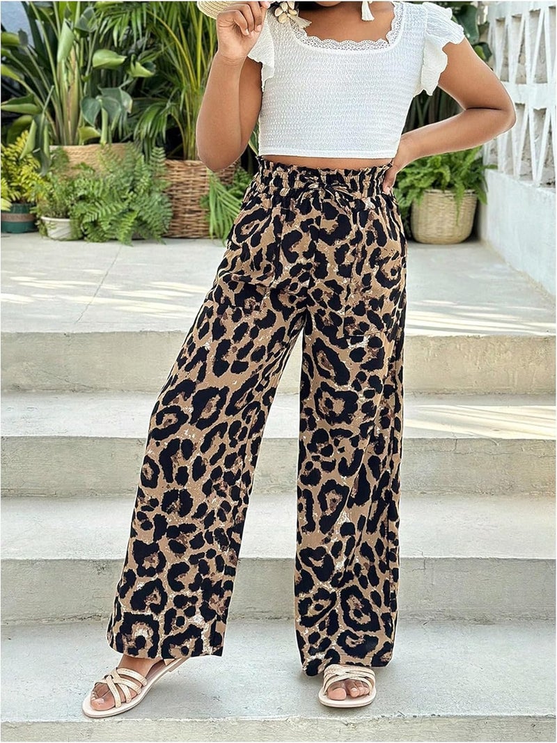 OYOANGLE Girl's Leopard Pants Elastic Waist Tie Front Straight Leg Casual Trousers with Pocket - Image 5
